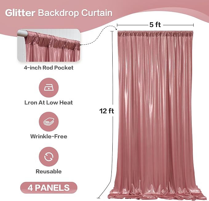 gogoparti 20x12FT Rose Gold Sequin Backdrop Curtain-4 Panels of 5x12FT - Image 6