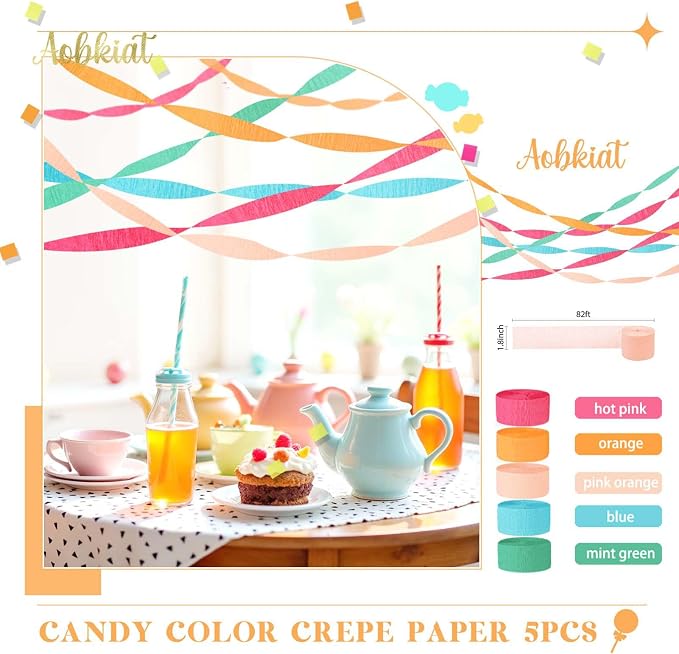AOBKIAT 5 Rolls Rainbow Streamers Crepe Paper, Candyland Party Decorations | - Image 8