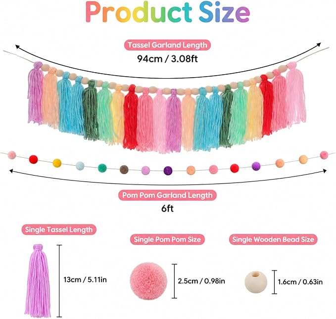 2pcs Boho Tassel Garland Back to School Colorful Pom Pom Tassel | soft pom pom - Image 2