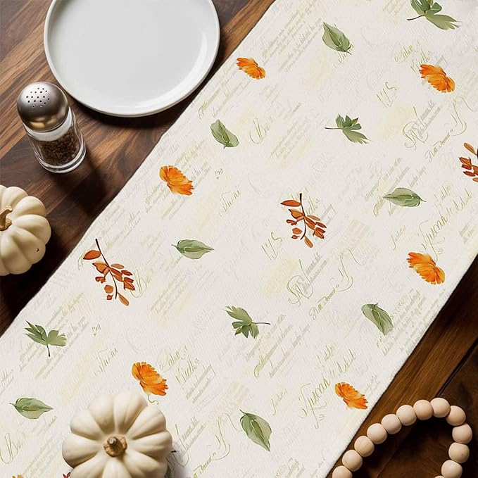 Fall Wildflowers Cotton Linen Table Runner for Dining Kitchen, Thanksgiving Pumpkin Outdoor Party Rustic Tablerunners Decoration,Botanical Floral Vintage Dresser Scarf Tablecloth Runners 13x108 Inches