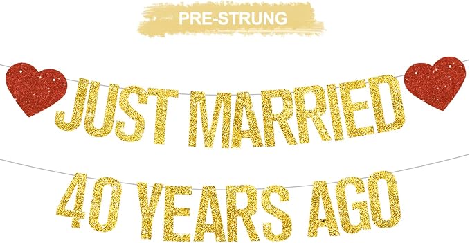 Gold Glitter Just Married 40 Years Ago Banner, NO DIY, Pre-Strung 40th Wedding by RICHHHA