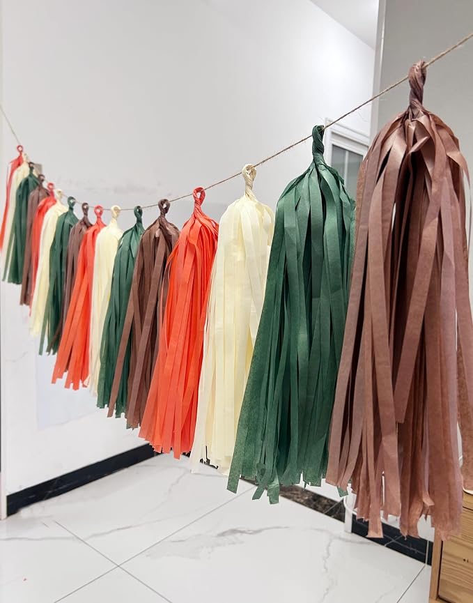 DIY Tissue Paper Tassels Garland Banner Kit, 20 Pieces Sage Green Brown Orange - Image 6