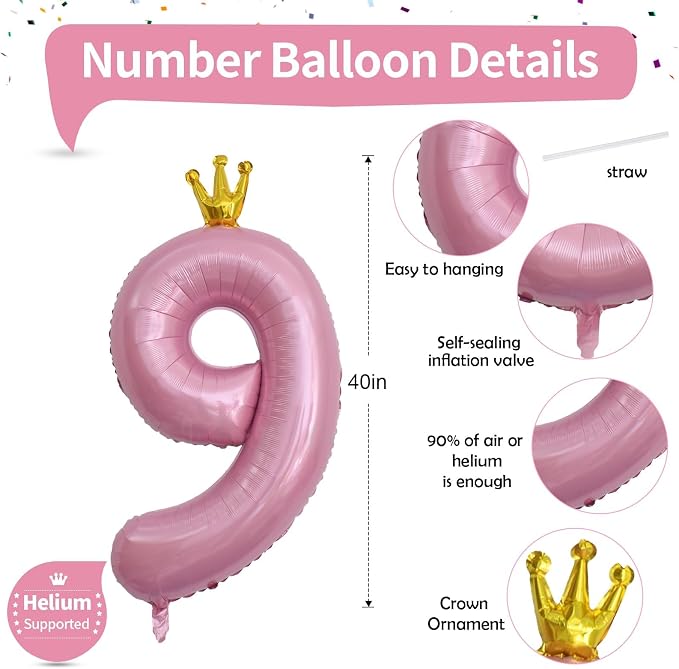 40 Inch Number 9 Balloons, Self Inflating Balloons - Image 2