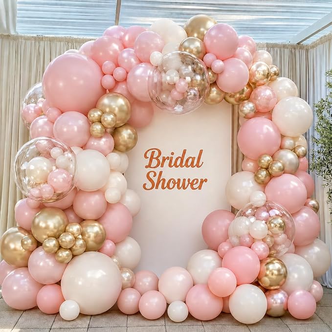 Dusty Pink Balloon Garland Arch Kit, Double Stuffed Pearl Pink White Gold - Image 5