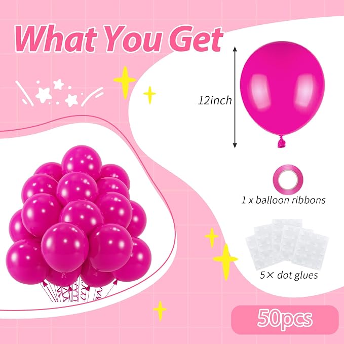 50pcs Hot Pink Balloons, Helium Quality 12inch Bright Pink Latex Balloons | - Image 2
