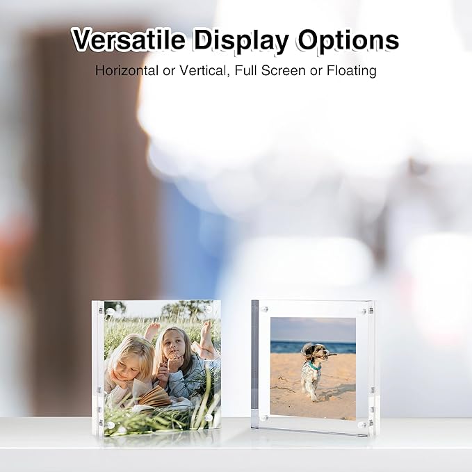 HOUSE DAY Acrylic Picture Frames 4x4, 3 Pack Magnetic 4 x 4 Picture Frame, Double Sided Clear 4x 4 Photo Frame with Microfiber Cloth, Frameless FreeStanding 4x4 Frame Gift for Desktop Display