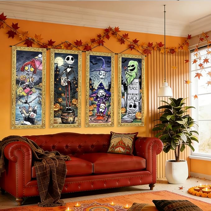 Funny Halloween Banner 4pc October Purple Skull Backdrop Sign Spider Web Party - Image 4