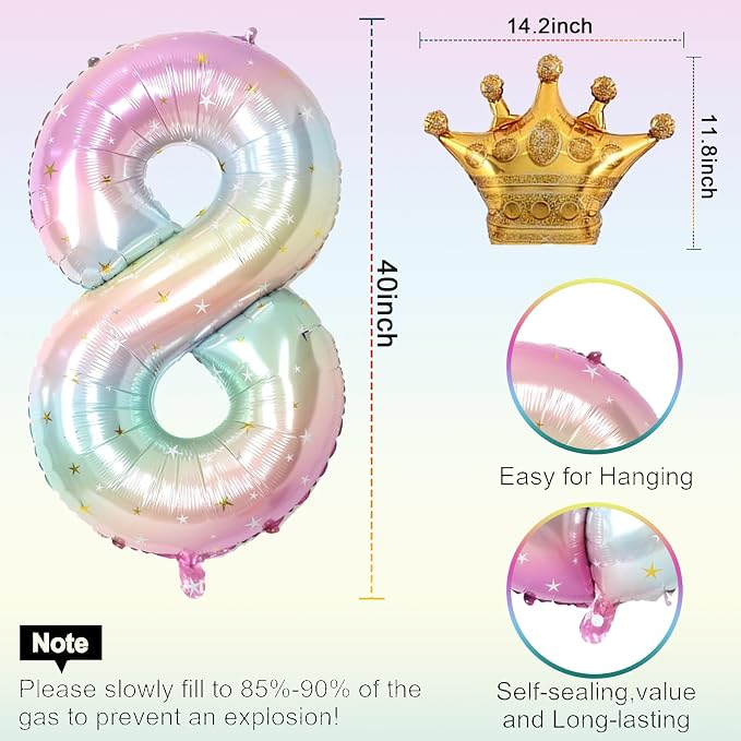 Stars Rainbow Gradient Number 8 Balloon, Giant 40 Inch & Mini Crown Balloons - Image 2