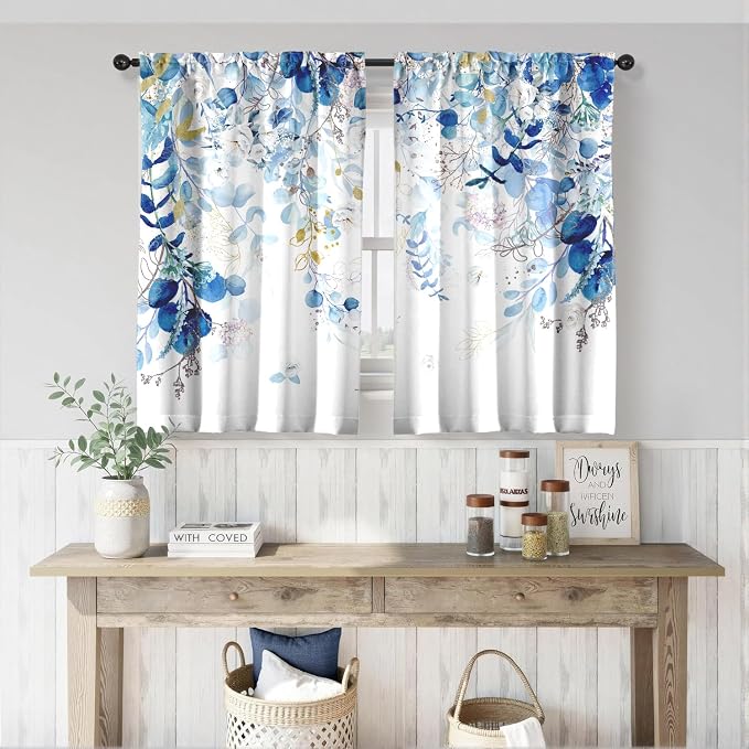 Blue Eucalyptus Leaves Kitchen Curtains Watercolor Plant Floral Curtains 39 - Image 2