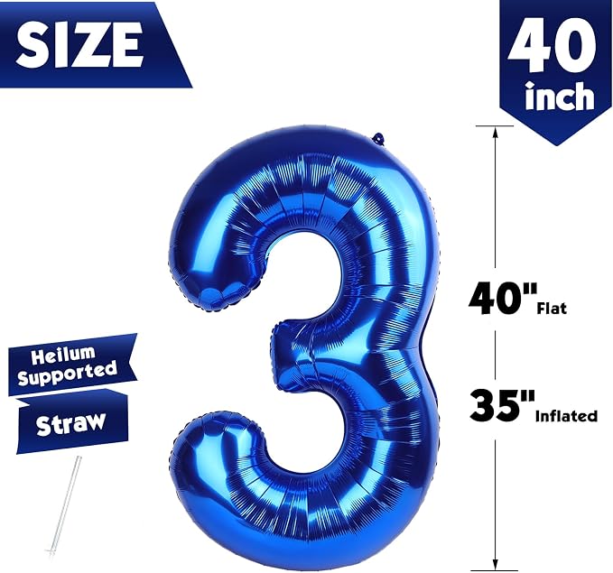 40 Inch Navy Blue Number 3 Balloon, 3rd Blue Birthday Party Decorations | 40 - Image 5