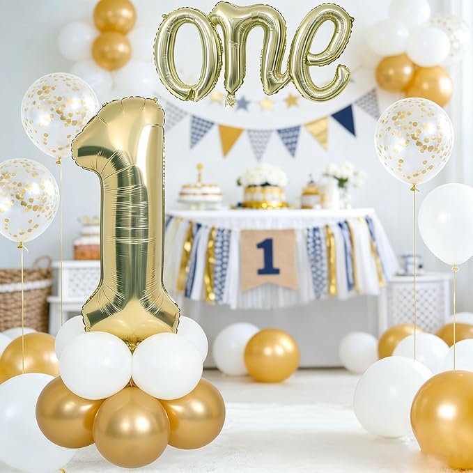 2Pcs Champagne Gold Foil 40" Number 1 and 26" Script Letter One Balloon Set | - Image 4