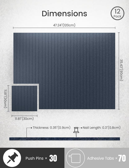 Bumusty Large Cork Board Alternative-47 x35 Felt Bulletin Board Tiles, with 30 Pushpins, 70 Adhesive Tabs, 12-Pack Slat Wall Paneling, Cork Boards for Office Push Pin Board Felt Board-Denim Blue