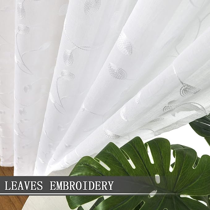 Tollpiz Leaves Short Sheer Tier Curtains White Leaf Embroidery Kitchen Half - Image 3