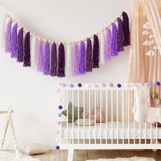 Hahafelt 3 Pcs Lavender Purple Tassel Garland, Pom Pom Tassel Garland, Boho - Image 6