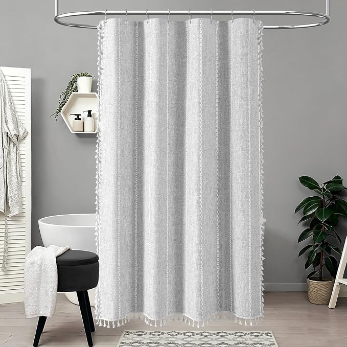 48 x 72 Boho Linen Heavy Duty Cloth Shower Curtain Set, 330GSM Linen Blend - Image 6