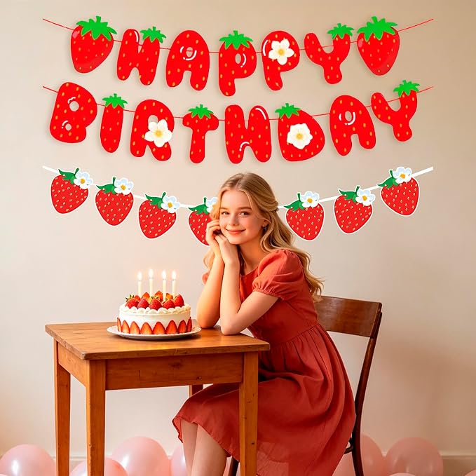 MEETINGU Strawberry Happy Birthday Banner, Strawberry Themed Birthday Party - Image 3
