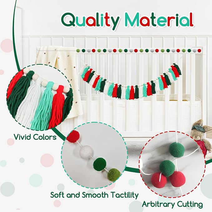 2 Pcs Boho Tassel Christmas Garland, Pom Pom Tassel, 6.5 Feet Long 20 Felt Balls - Image 3