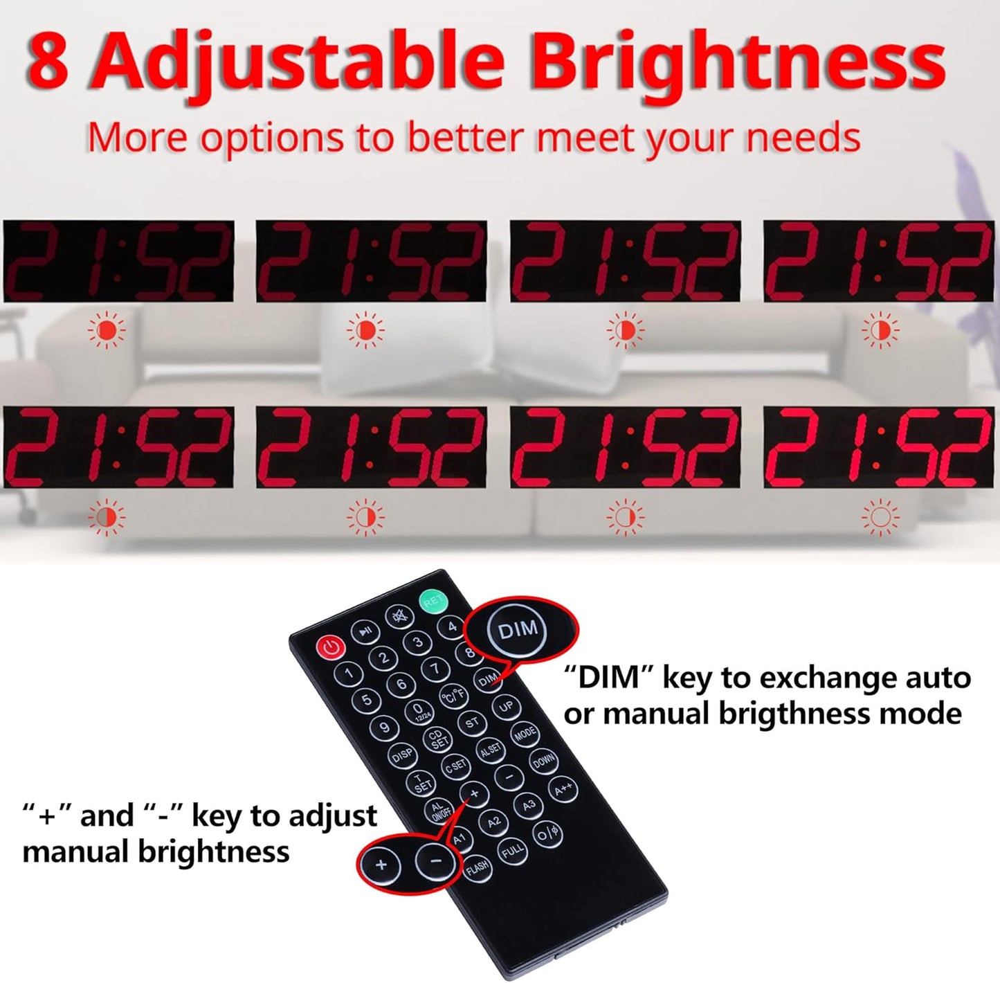 Goetland 18 inch Oversized Digital Wall Clock LED Modern Large Display Temperaturer Multi Functional Remote Control 4-Digit for Kitchen Office Living Room Classroom Single Red