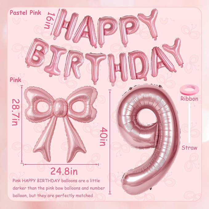 Bow Number 9 Birthday Balloons, Coquette Party Decorations Supplies - Image 6