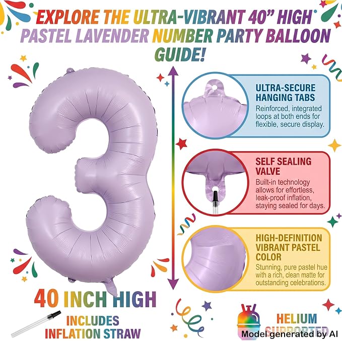 40" Pastel Purple Foil Number 3 Balloon - Image 2