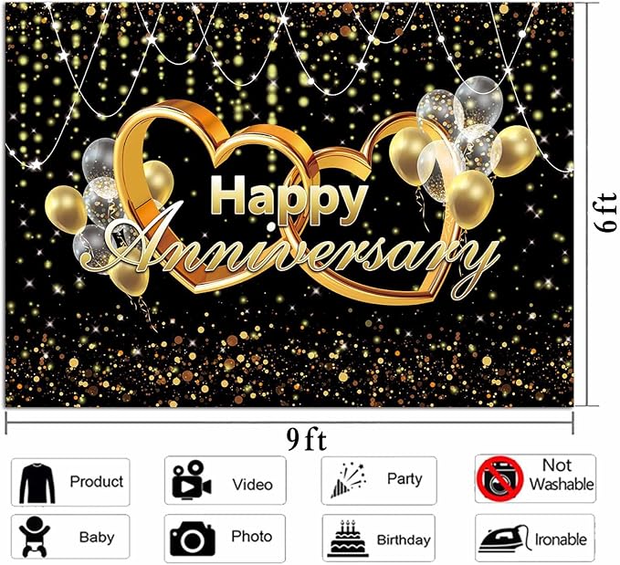 Happy Anniversary Backdrop Black and Gold Balloons Photography Background Poster - Image 4