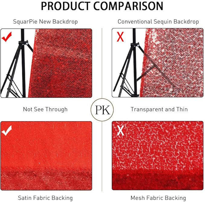 SquarePie Sequin Backdrop Less Transparent Background Sparkly Curtain for Wedding Party 4FT x 7FT Red