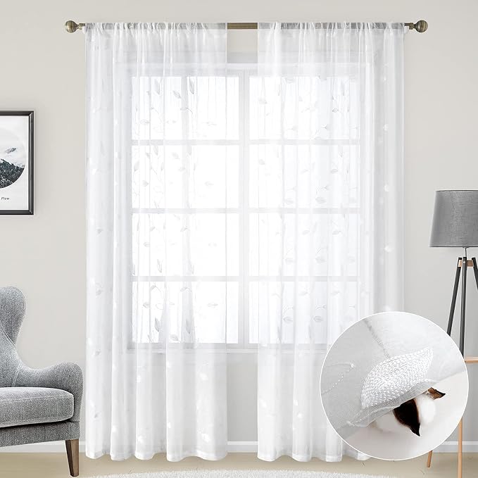 HOMEIDEAS White Sheer Curtains 52 X 96 Inches Long 2 Panels Embroidered Leaf - Image 2
