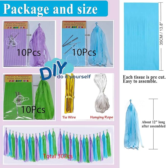 Blue Green and Purple DIY Tissue Paper Tassel Garland 30pcs Hanging Paper - Image 2