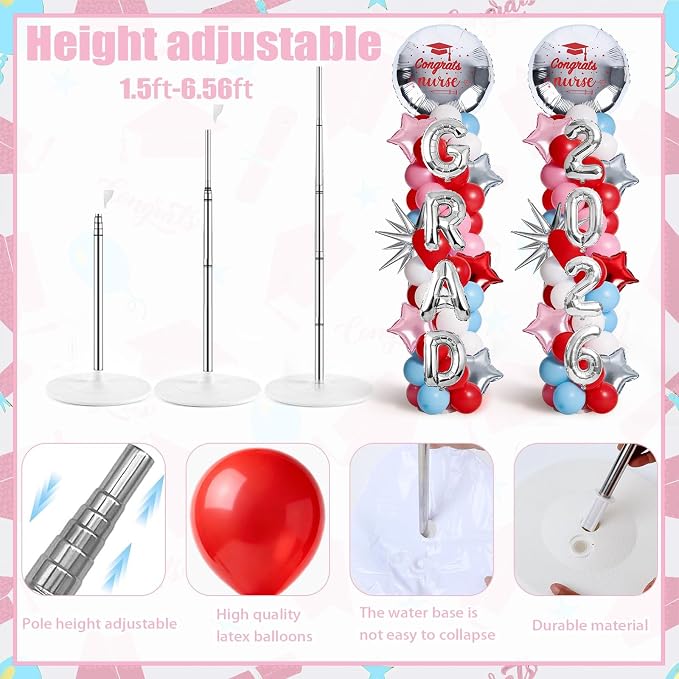 2 Set Adjustable Nurse Graduation Balloon Column Stand Kit Class of 2026 - Image 3