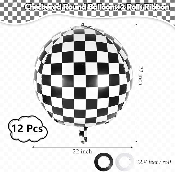 12 Pcs Checkered Balloons, 22 Inch Checkered Round Foil Balloons - Image 2