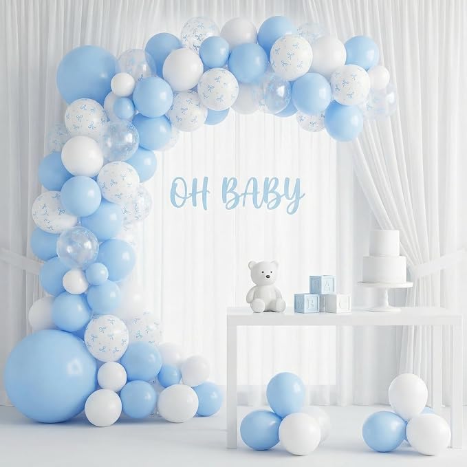 HILAVO Blue Bow Balloons, 12 Inch Pastel Light Blue Transparent White Bow Print - Image 3