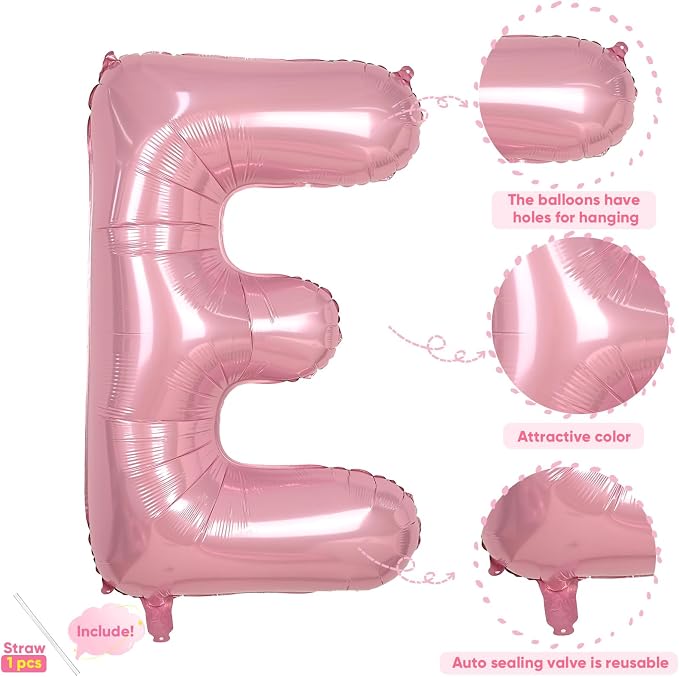 Pink Letter Balloon E, 40 Inch Big Pastel Pink Foil Helium Alphabet E Letter - Image 3