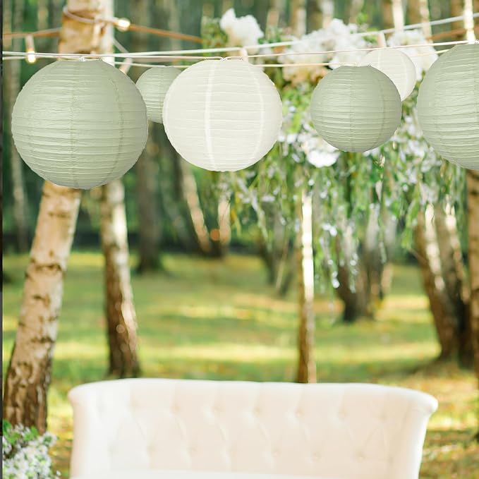 20Pcs Paper Lanterns, Sage Green and Ivory Hanging Lantern - Image 8