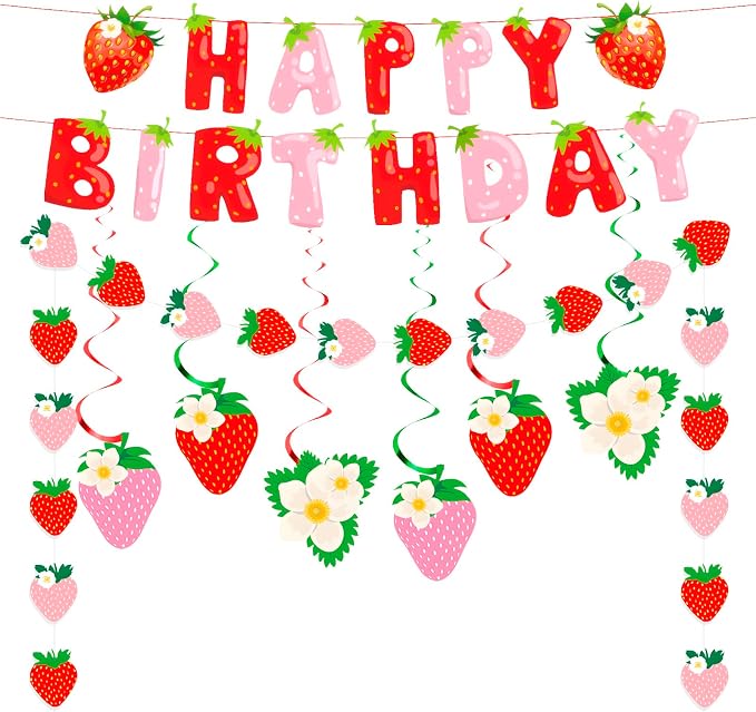 MEETINGU Happy Birthday Banner, Strawberry Theme Party Decoration Supplies by MEETINGU