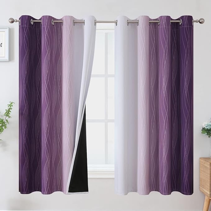 Purple and Greyish White Blackout Curtains 63 Inch Length 2 Panels Set by ESTELARTEXTILER