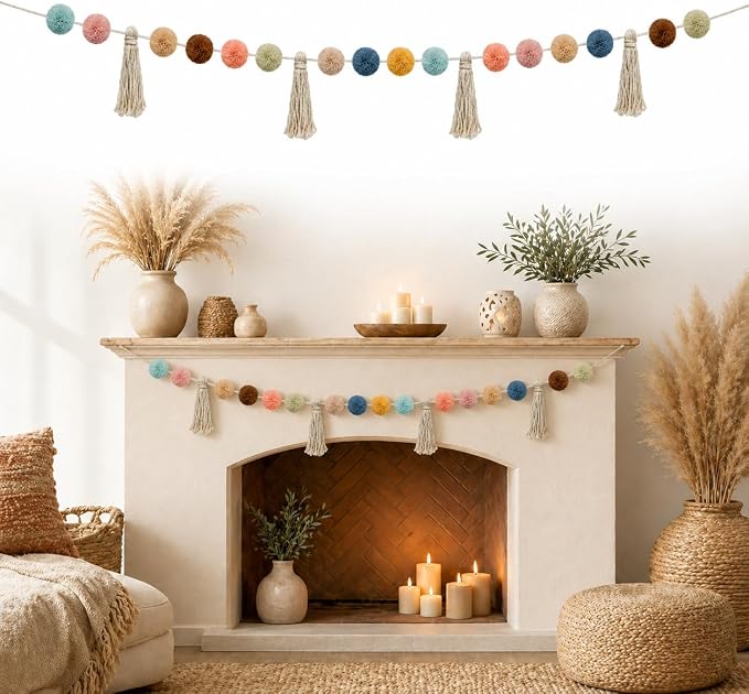 RAINFLOW Pom Pom Garland Decoration, 6.5FT Pre-Assembled Tassel Boho Pastel | by Unknown