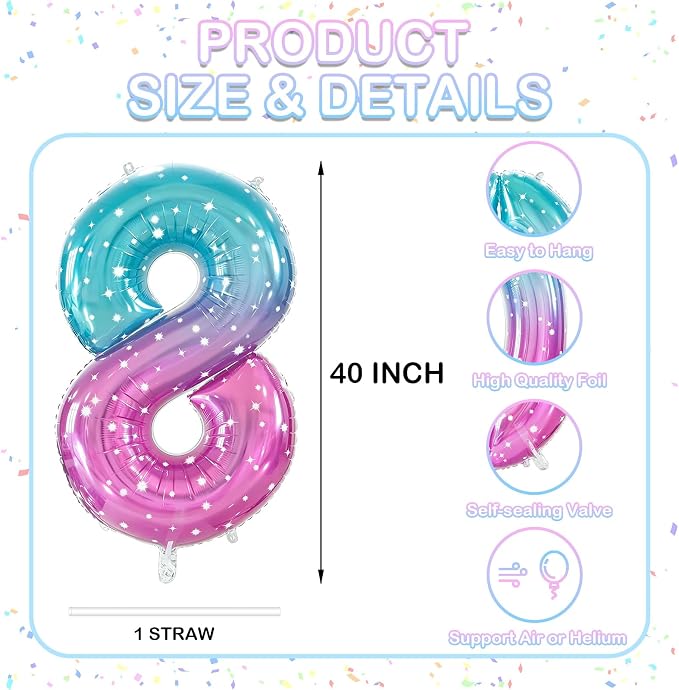 Number 8 Foil Balloon with Crown, 40-Inch Gradient | Gradient star print number - Image 2