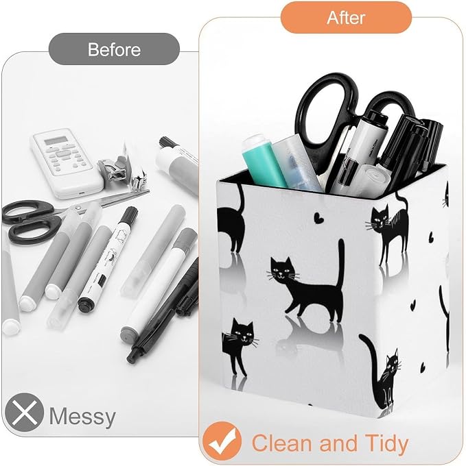 Pencil Pen Holder Cup, Desk Accessories Holder Black Cats White, Makeup Brush - Image 3