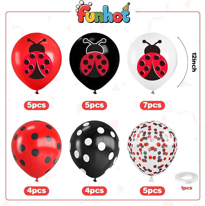 Ladybug Balloons, 12 Inch Ladybug Print Red Black White and Polka Dots Balloon - Image 2
