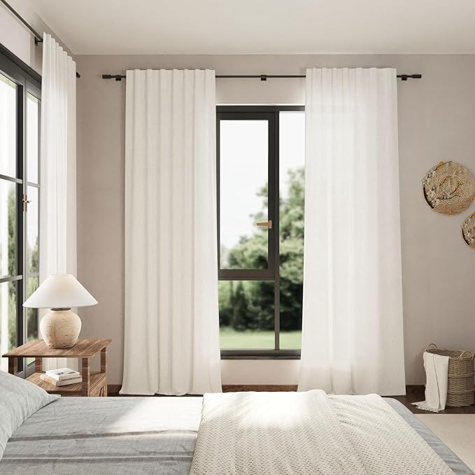 Beige White Linen Curtains for Living Room 92 Inches Long Back Tab and Rod - Image 7
