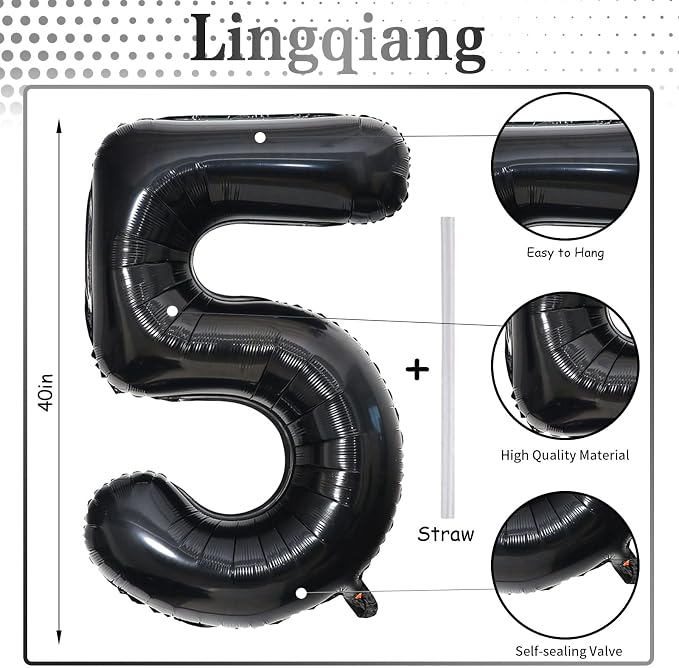 Black 5 Balloons, 40 Inch Large Foil Number Balloons Set 0-9, Self Inflating - Image 2