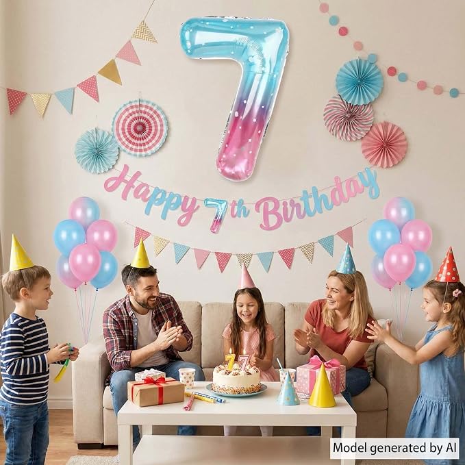 Pink Blue Number 7 Balloon 40 Inch, Foil Numeral - Image 6