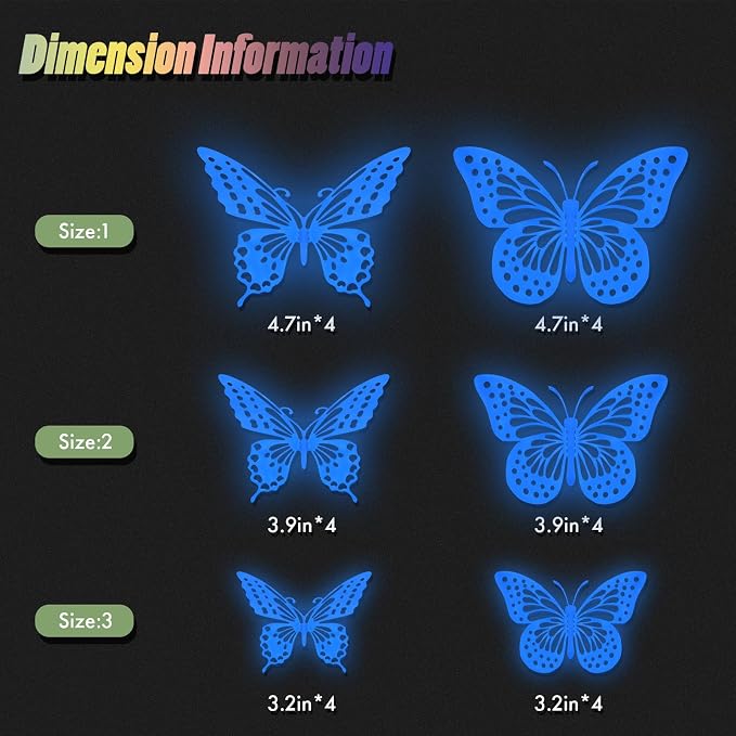 SAOROPEB Glow in The Dark 3D Butterfly 24 Pcs Blue Butterfly Stickers | 3 Sizes - Image 7