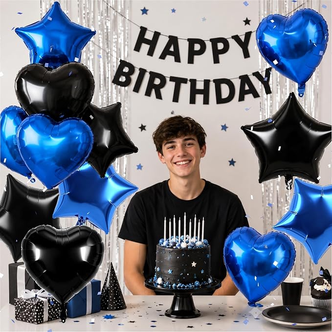 TONIFUL 18 Inch Black Blue Star and Heart Foil Balloons - Image 3
