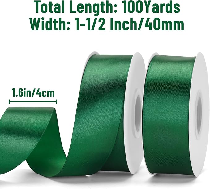 KINGLAKE Forest Green Satin Ribbon – 1-1/2 Inch x 2 Rolls Emerald Green Ribbon - Image 2