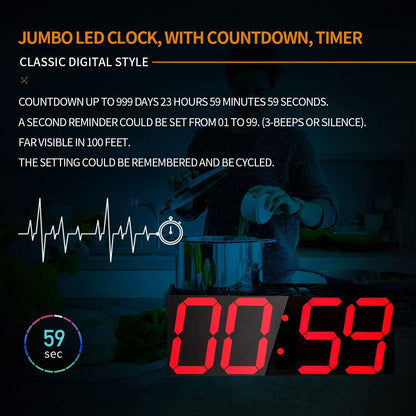 Goetland 18 inch Oversized Digital Wall Clock LED Modern Large Display Temperaturer Multi Functional Remote Control 4-Digit for Kitchen Office Living Room Classroom Single Red