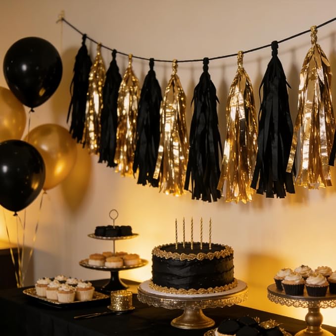 We Moment Black and Gold Tassel Garland，Tissue Tassel Banner - Image 5