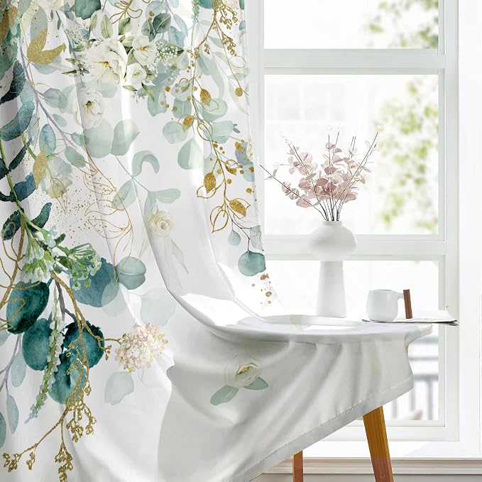 Green Eucalyptus Leaves Curtains 63 Inch Length 2 Panels, Elegant Wild Flower - Image 2