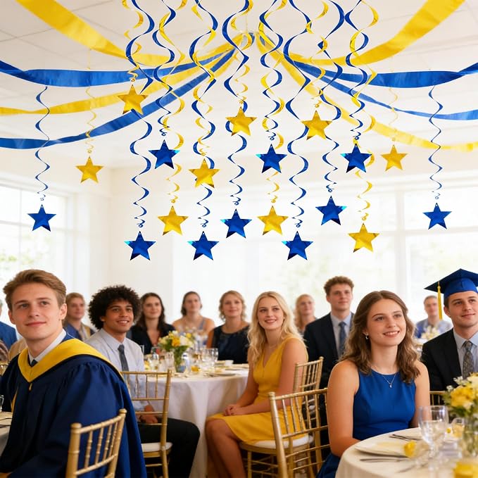 Blue Gold Star Hanging Swirl Decorations Ceiling Swirl Foil Decoration Hanging - Image 7