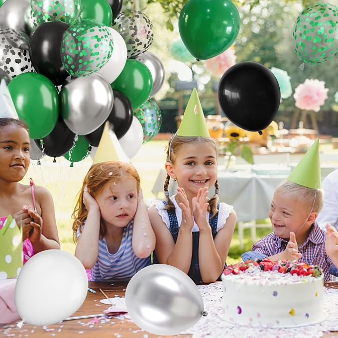 Dark Green Balloons Set, Confetti & Metallic Silver Latex - Image 8